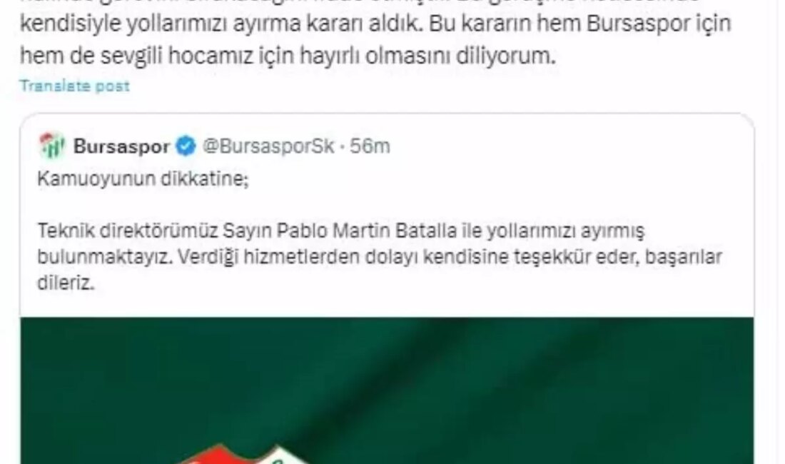 Bursaspor, Teknik Direktör Pablo Martin Batalla ile yollarını ayırdı. Bu