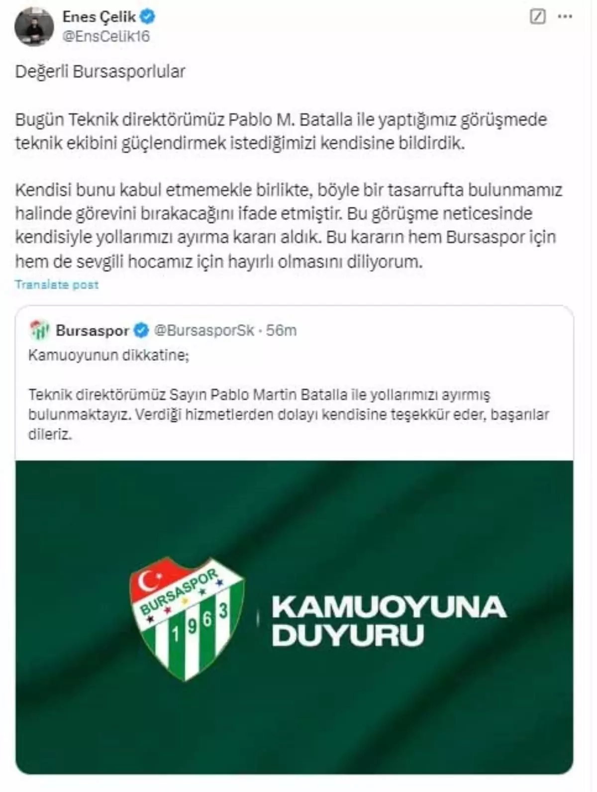 Bursaspor, Teknik Direktör Pablo Martin Batalla ile yollarını ayırdı. Bu