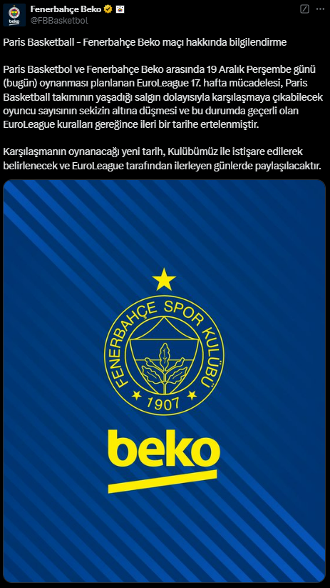 Fenerbahçe Beko'dan Paris Basketbol Maçına İlişkin Açıklama