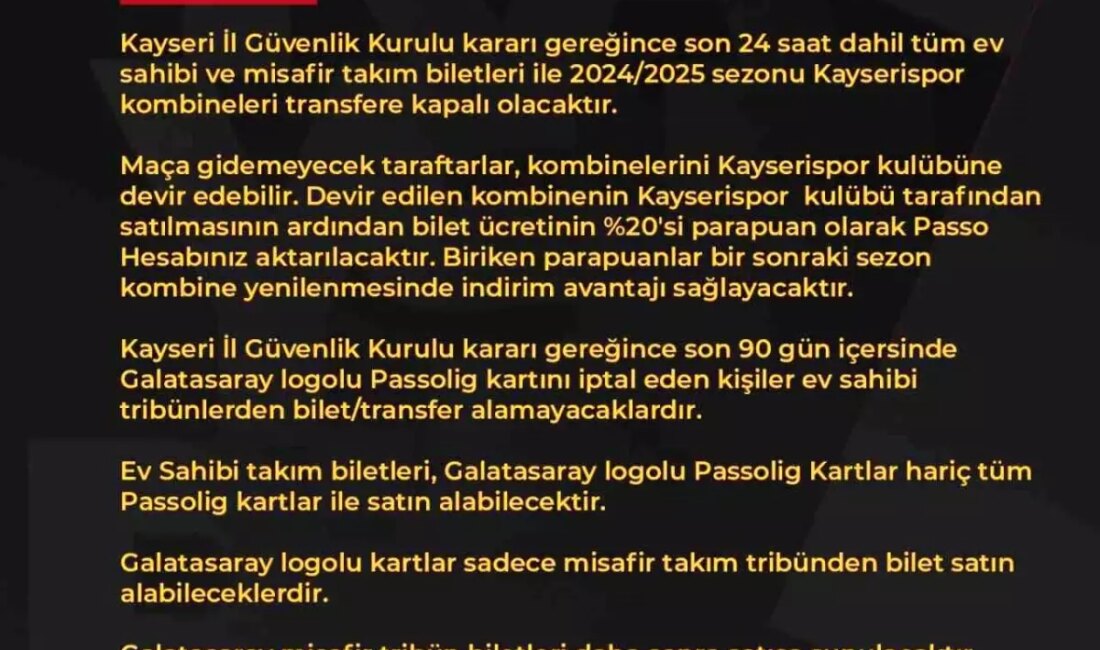 Kayserispor ile Galatasaray arasında oynanacak heyecan dolu maçın bilet fiyatları