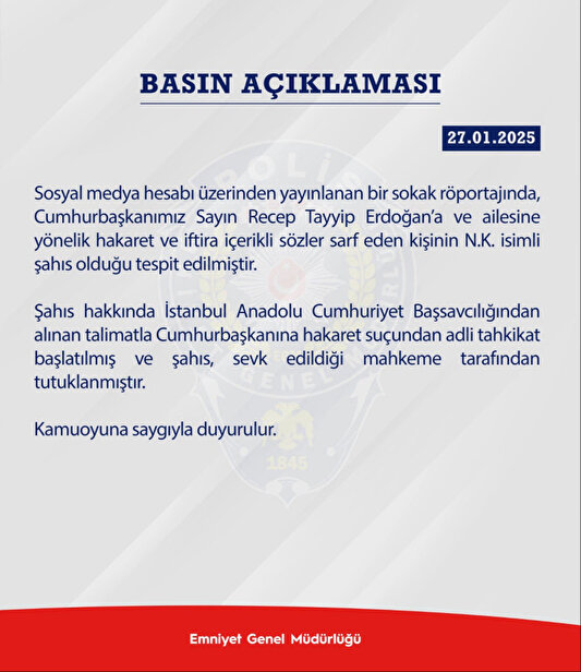 Cumhurbaşkanına Hakaret Eden Kişi Tutuklandı