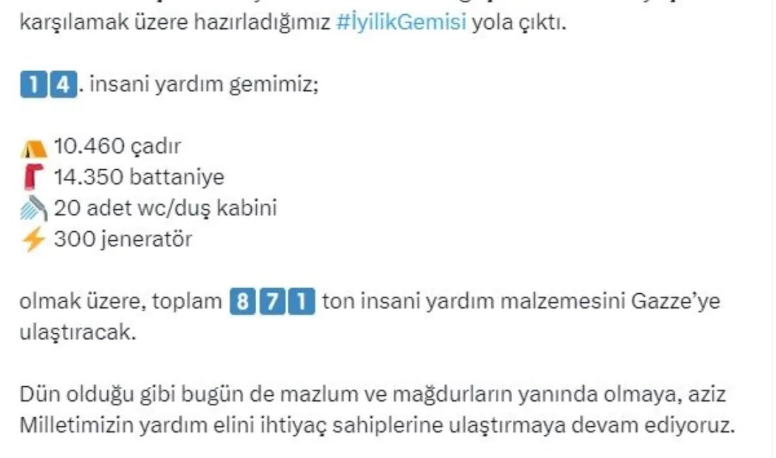 İçişleri Bakanı Yerlikaya, Gazze'ye gönderilen 14. insani yardım gemisi hakkında