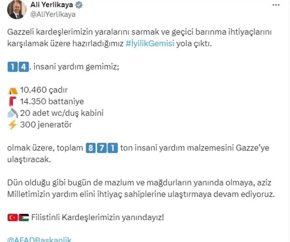 İçişleri Bakanı Yerlikaya, Gazze'ye gönderilen 14. insani yardım gemisi hakkında
