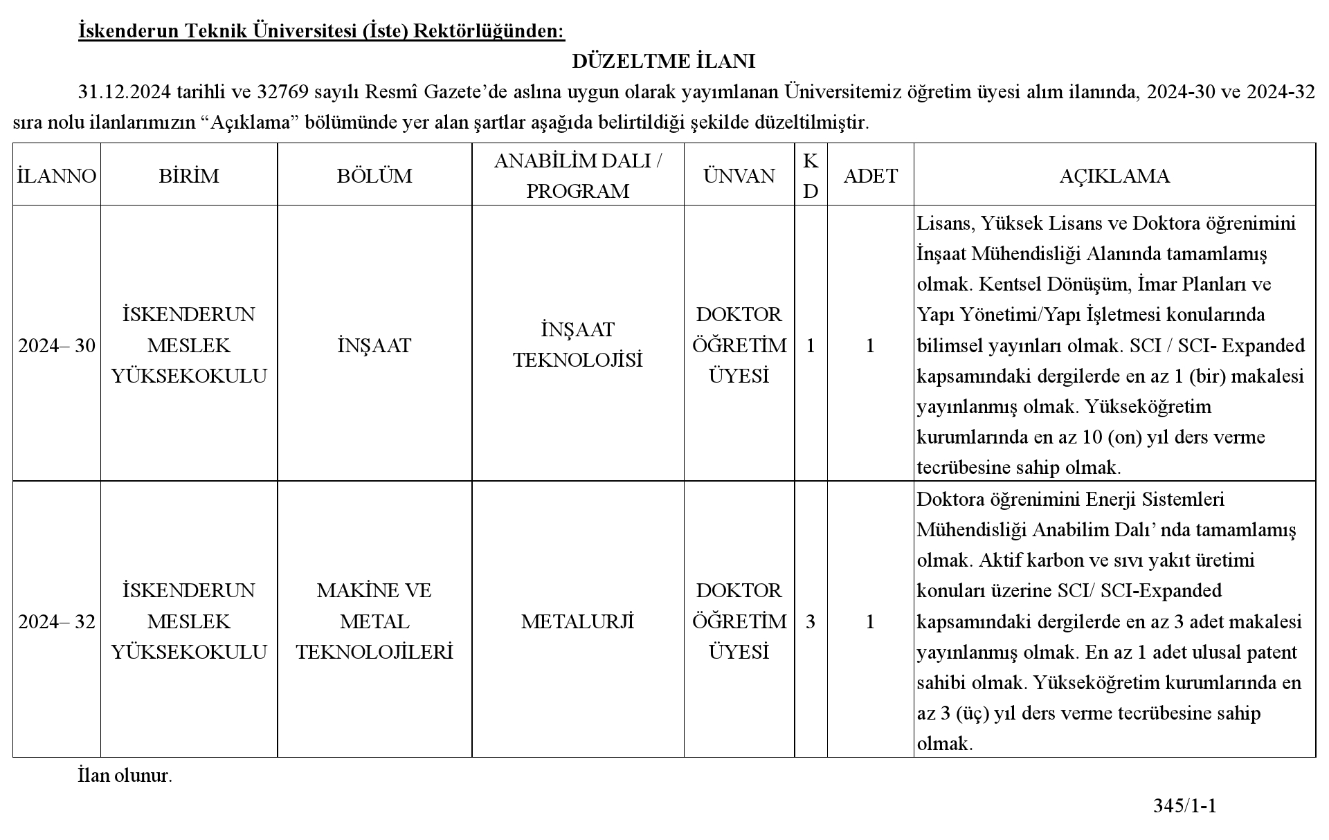İskenderun Teknik Üniversitesi Rektörlüğünden Duyuru