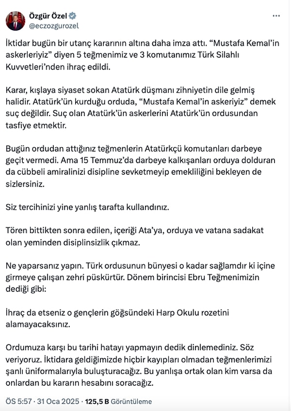 Özgür Özel'den İhraç Edilen Teğmenlere Sert Tepki