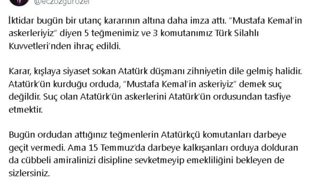 Özgür Özel, teğmenlere uygulanan ihraç cezasına sert tepki gösterdi. Açıklamalarında