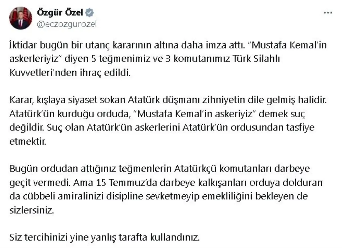 Özgür Özel, teğmenlere uygulanan ihraç cezasına sert tepki gösterdi. Açıklamalarında