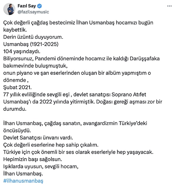 Türk Müziğinin Öncüsü İlhan Usmanbaş Hayatını Kaybetti