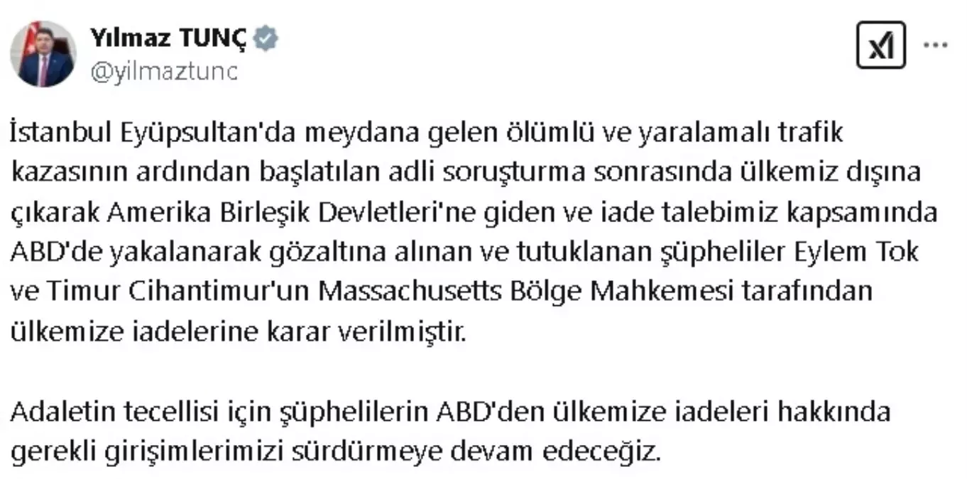Adalet Bakanı Yılmaz Tunç, ABD'de yakalanan şüphelilere ilişkin önemli açıklamalarda