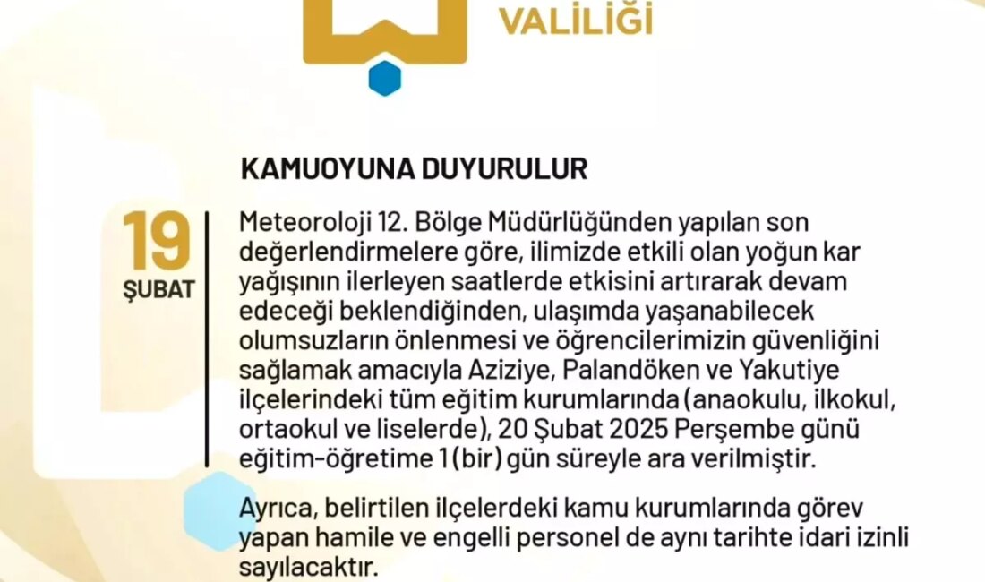 Erzurum Valiliği, ağır kar nedeniyle 20 Şubat'ta üç ilçedeki okullarda