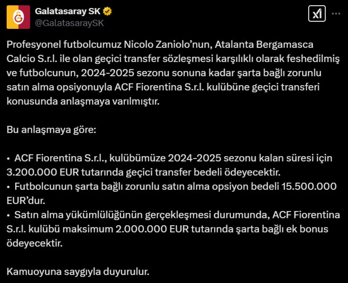 Galatasaray'dan Zaniolo Açıklaması