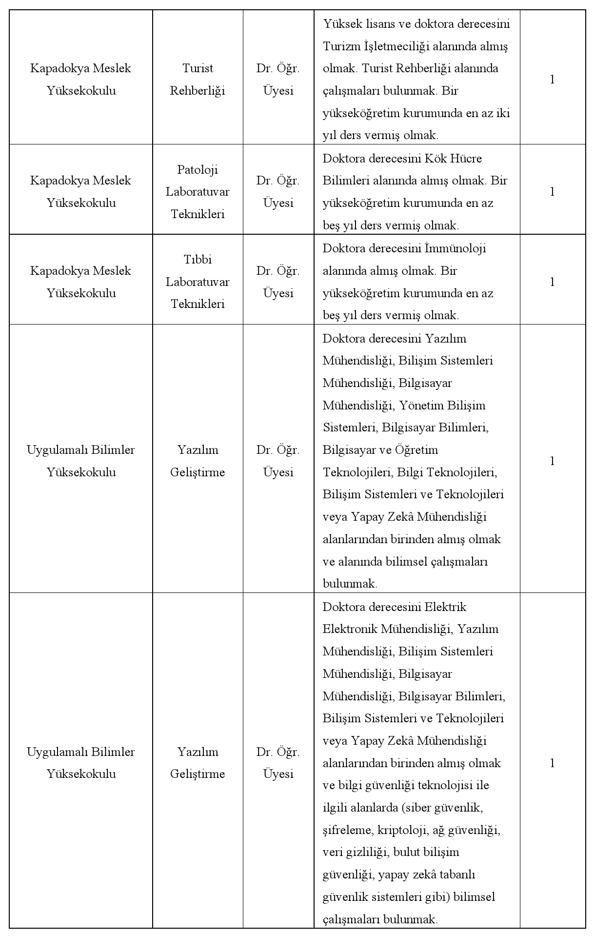 Kapadokya Üniversitesi Öğretim Üyesi Alım İlanı