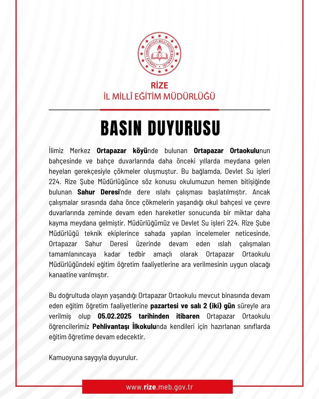 Ortapazar Ortaokulu'nda Eğitim Faaliyetlerine Ara Verildi