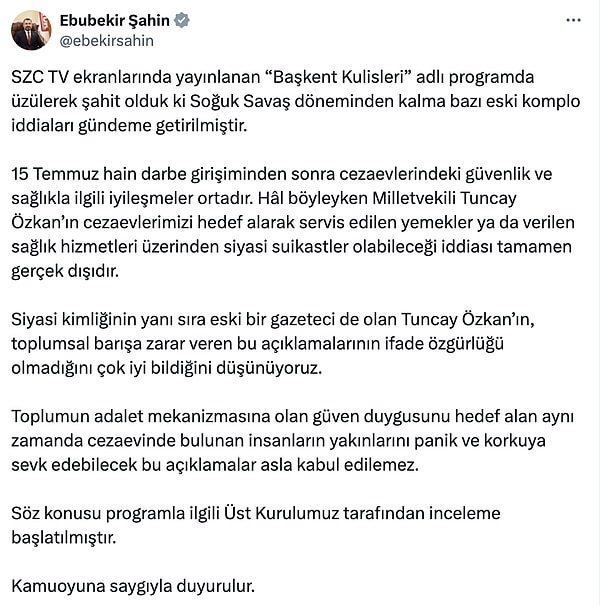 RTÜK Başkanı Ebubekir Şahin'den Sözcü TV'ye İnceleme Duyurusu