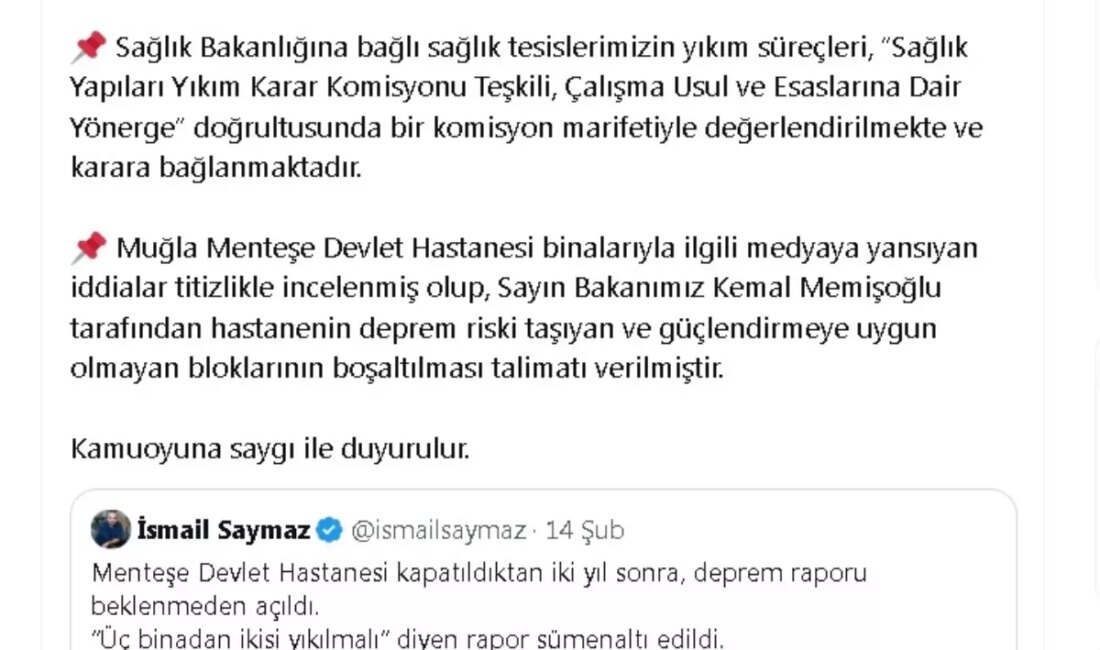 Sağlık Bakanlığı, Muğla Menteşe Devlet Hastanesi'nin yıkım süreçlerinin, 'Sağlık Yapıları