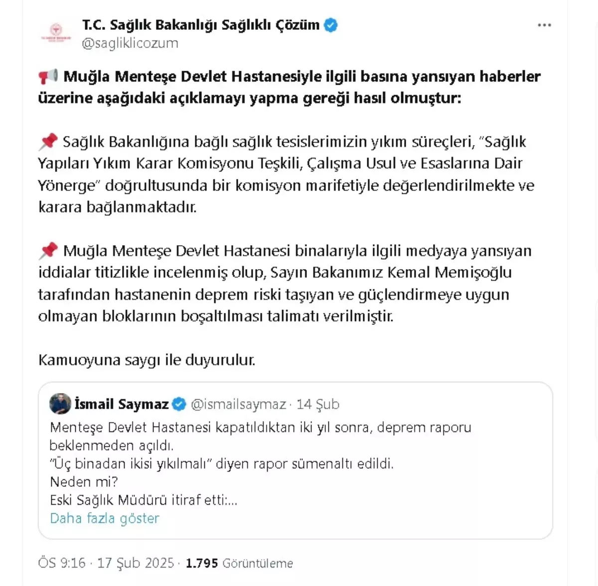 Sağlık Bakanlığı, Muğla Menteşe Devlet Hastanesi'nin yıkım süreçlerinin, 'Sağlık Yapıları