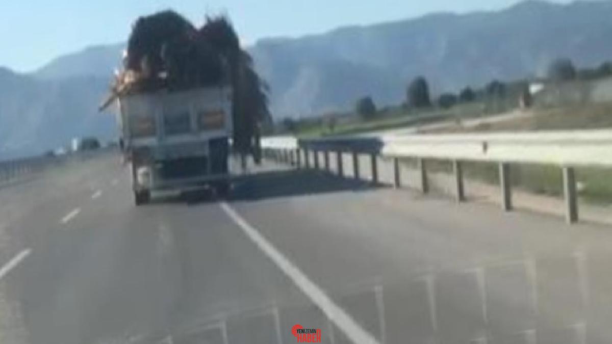 Bir sürücü, kamyonuna yüklediği tahta ve tomrukların yola düşmesine karşın
