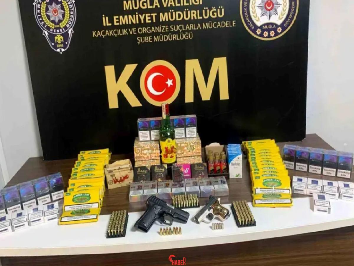 Muğla'da düzenlenen operasyonda kaçak alkol, tütün ve silah ele geçirildi,