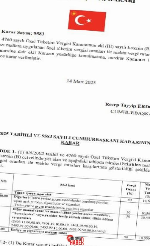 Sigaraların Özel Tüketim Vergisi (ÖTV) oranı ile maktu vergi meblağında
